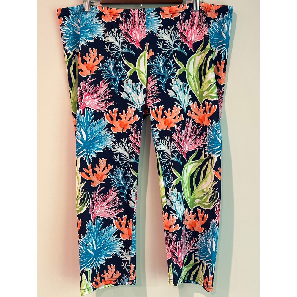 Lolly Wolly Womens 3X Leggings Navy Coral Print Cropped High Waist Plus Size USA